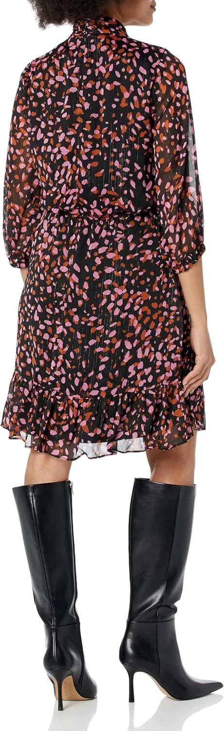 London Times Women's Bow Neck Smocked Waist Flounce Hem Versatile Feminine Dress