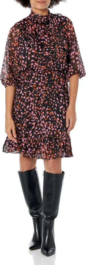 London Times Women's Bow Neck Smocked Waist Flounce Hem Versatile Feminine Dress