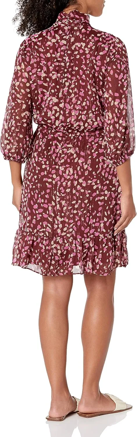 London Times Women's Bow Neck Smocked Waist Flounce Hem Versatile Feminine Dress