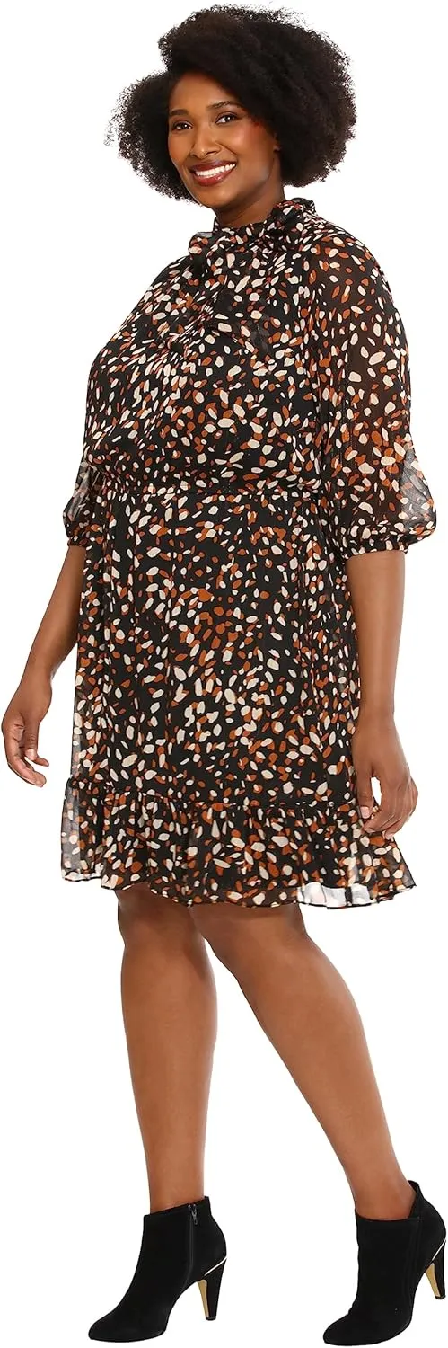 London Times Women's Bow Neck Smocked Waist Flounce Hem Versatile Feminine Dress