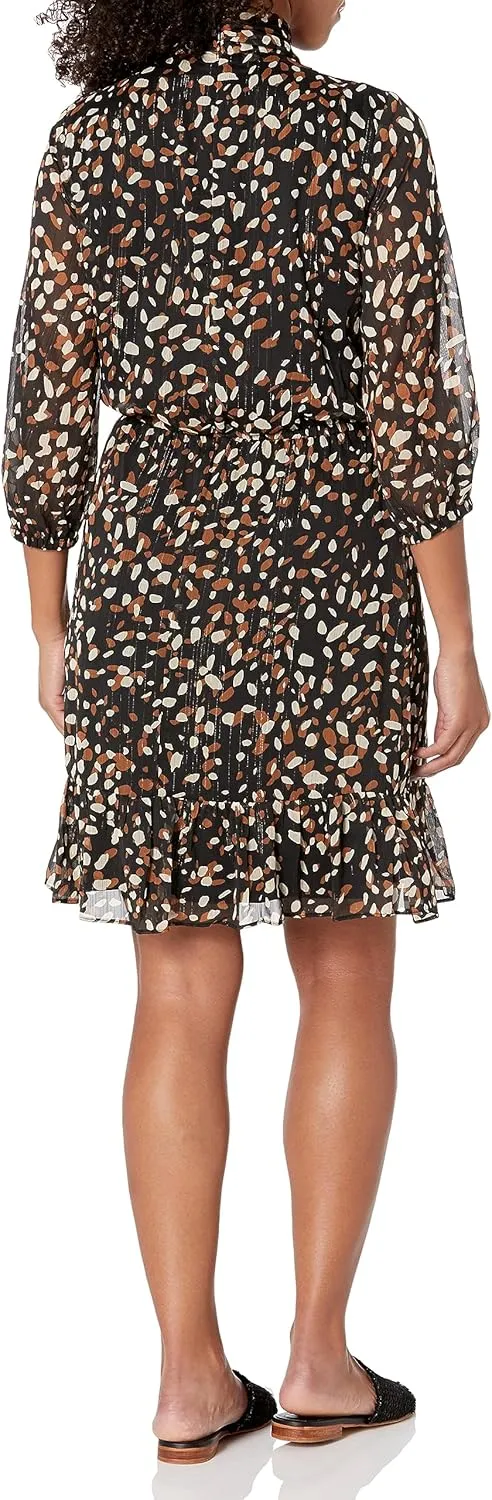 London Times Women's Bow Neck Smocked Waist Flounce Hem Versatile Feminine Dress
