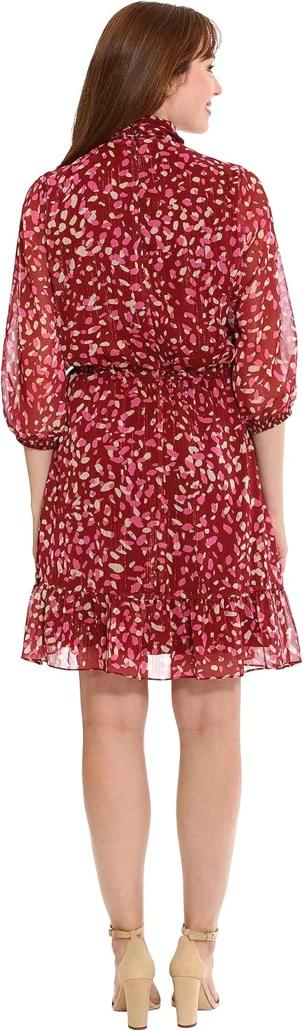 London Times Women's Bow Neck Smocked Waist Flounce Hem Versatile Feminine Dress