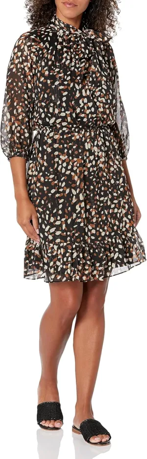 London Times Women's Bow Neck Smocked Waist Flounce Hem Versatile Feminine Dress