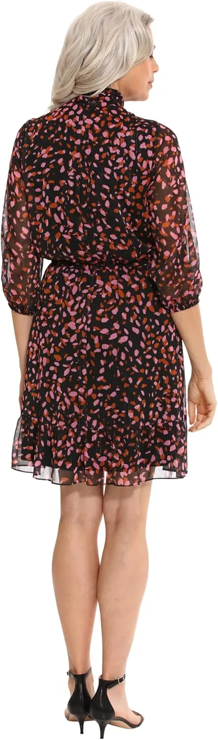London Times Women's Bow Neck Smocked Waist Flounce Hem Versatile Feminine Dress