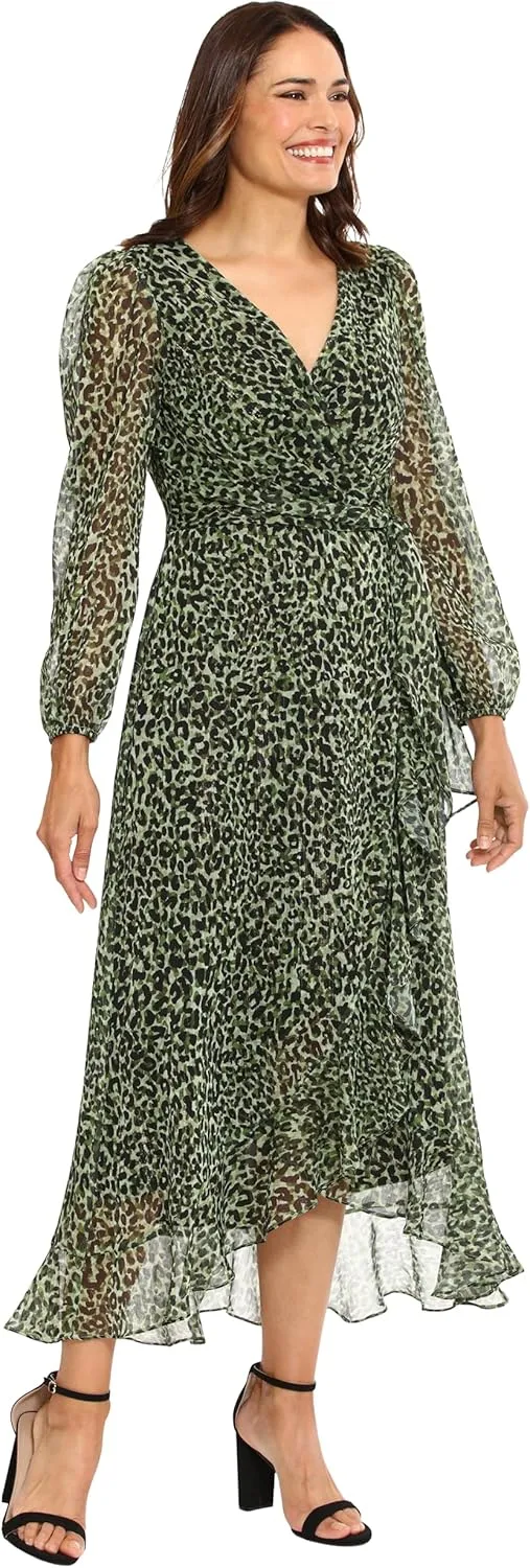 London Times Women's Chiffon Faux Wrap Ruffle Hem Maxi Dress Versatile Polished Feminine