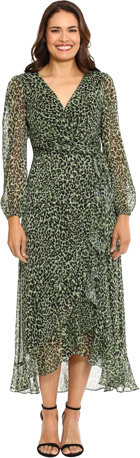 London Times Women's Chiffon Faux Wrap Ruffle Hem Maxi Dress Versatile Polished Feminine