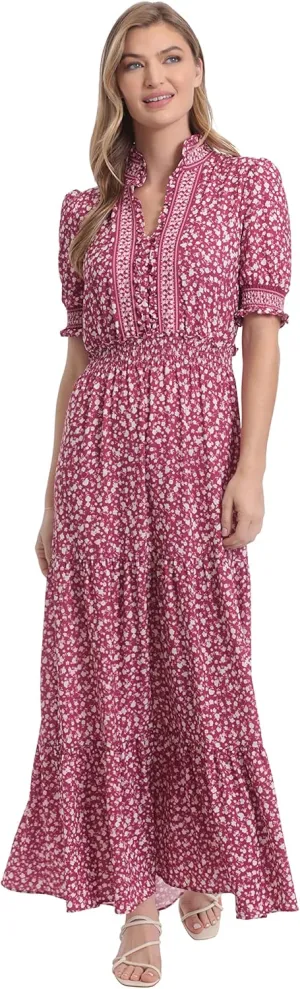 London Times Women's Dress Easy Feminine Versatile Smocked Waist Ruffle Neckline