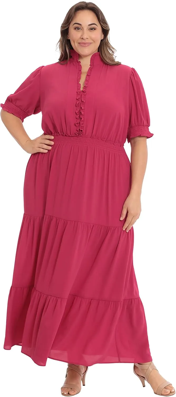 London Times Women's Dress Easy Feminine Versatile Smocked Waist Ruffle Neckline