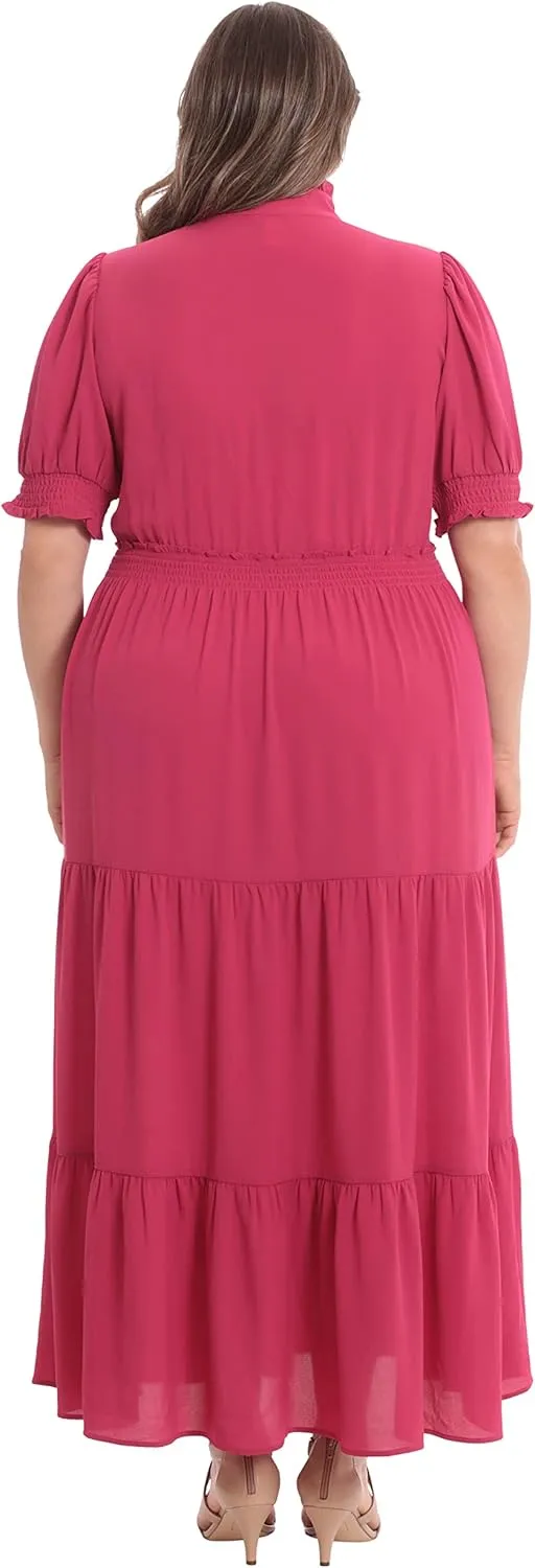 London Times Women's Dress Easy Feminine Versatile Smocked Waist Ruffle Neckline