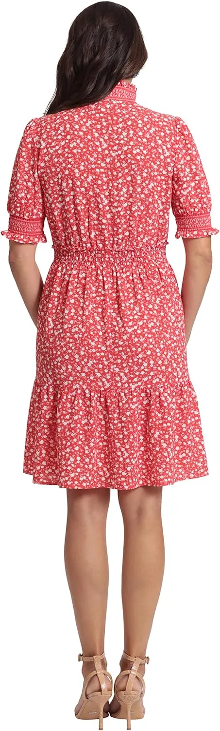 London Times Women's Dress Easy Feminine Versatile Smocked Waist Ruffle Neckline