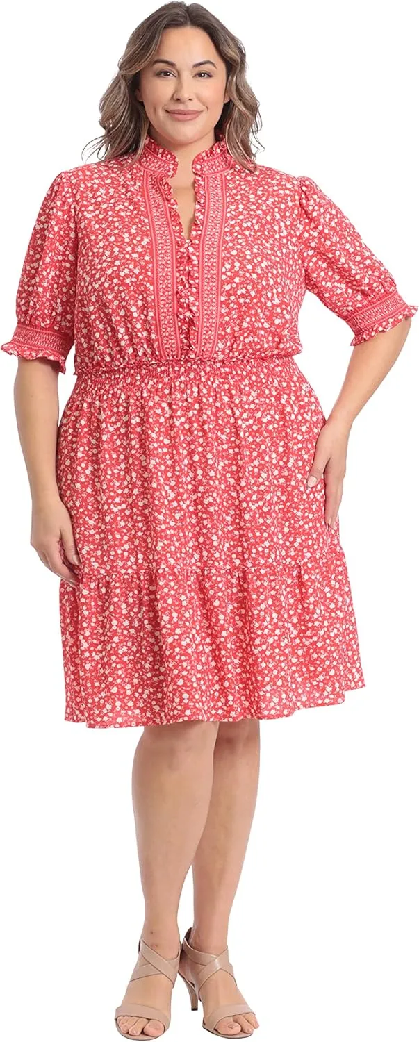 London Times Women's Dress Easy Feminine Versatile Smocked Waist Ruffle Neckline