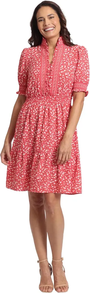 London Times Women's Dress Easy Feminine Versatile Smocked Waist Ruffle Neckline