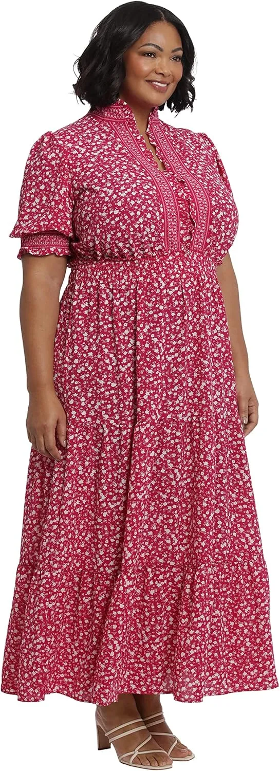 London Times Women's Dress Easy Feminine Versatile Smocked Waist Ruffle Neckline