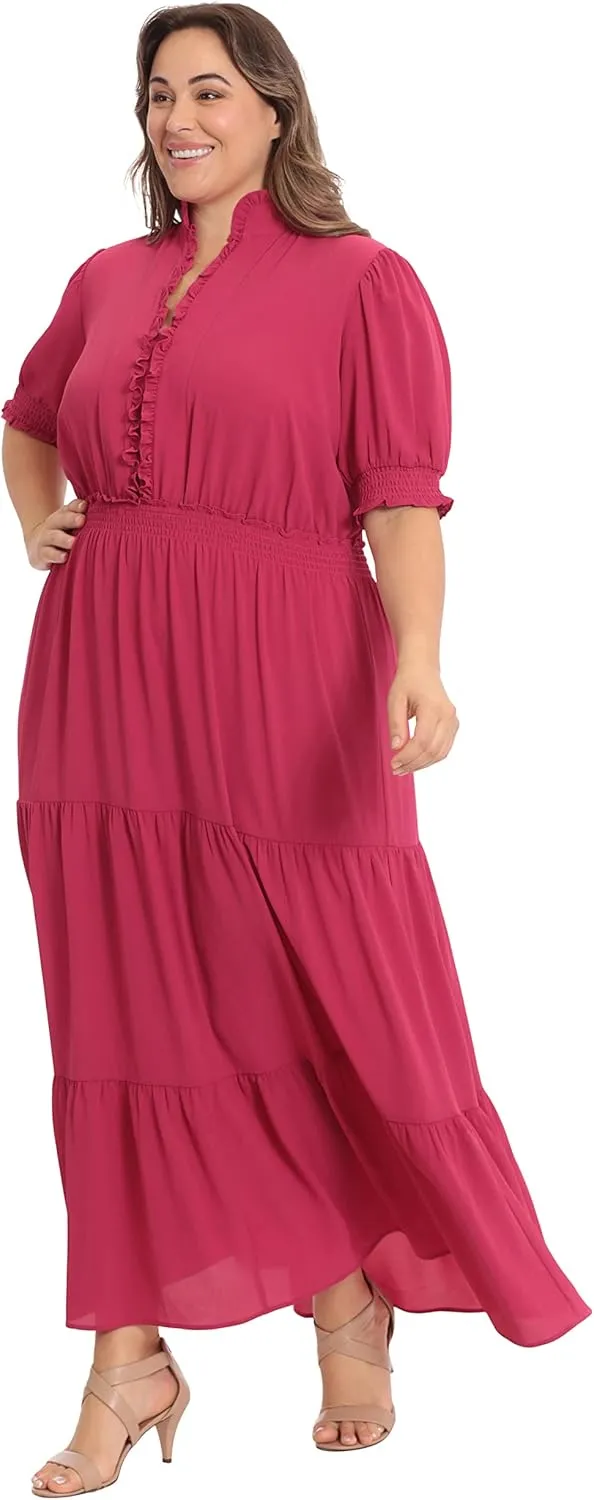 London Times Women's Dress Easy Feminine Versatile Smocked Waist Ruffle Neckline