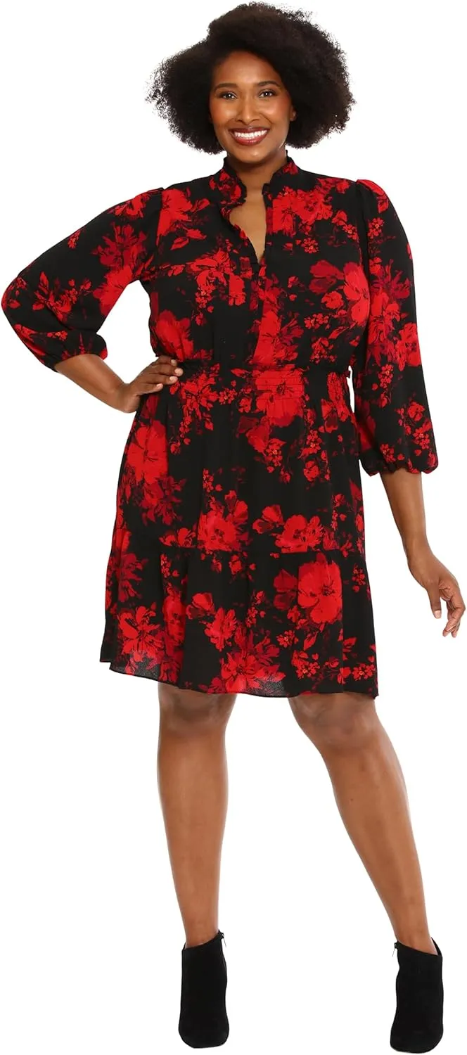 London Times Women's Dress Easy Feminine Versatile Smocked Waist Ruffle Neckline