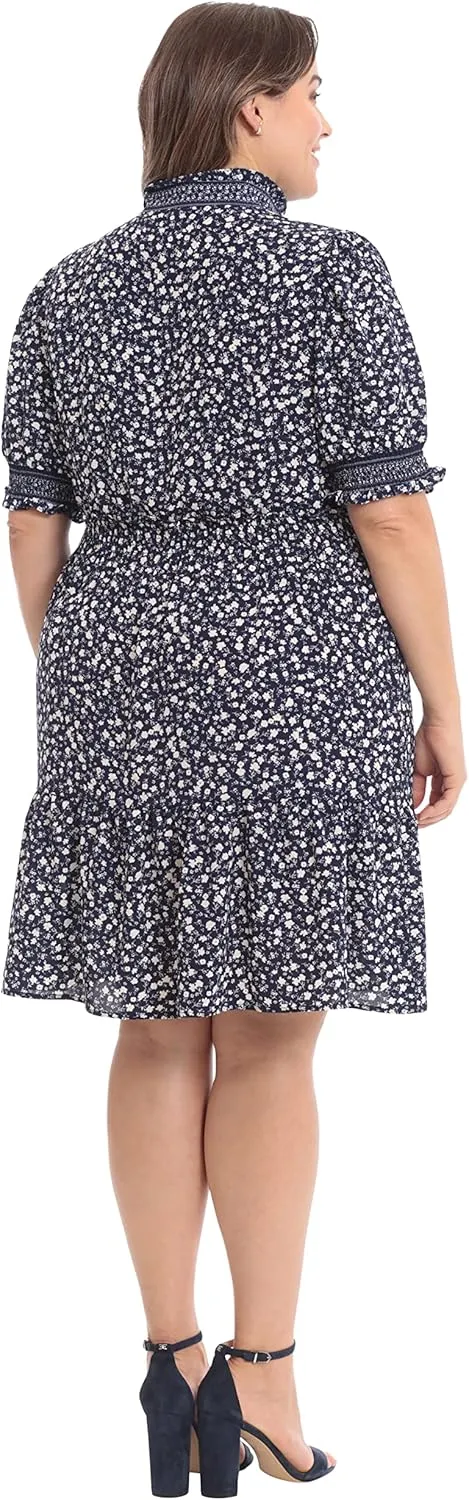London Times Women's Dress Easy Feminine Versatile Smocked Waist Ruffle Neckline