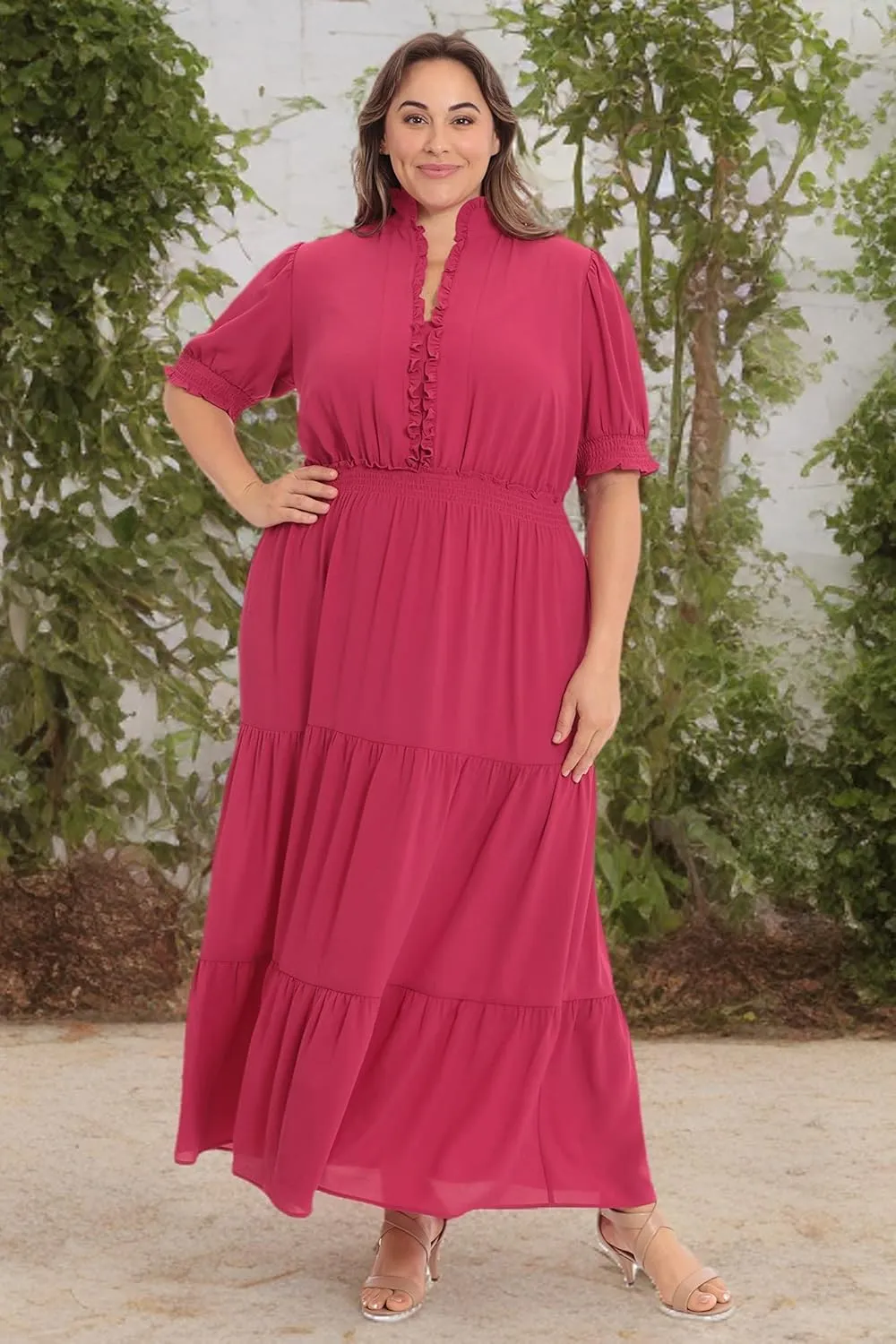 London Times Women's Dress Easy Feminine Versatile Smocked Waist Ruffle Neckline