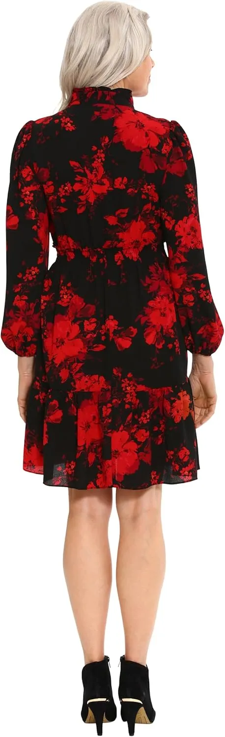 London Times Women's Dress Easy Feminine Versatile Smocked Waist Ruffle Neckline