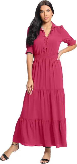 London Times Women's Dress Easy Feminine Versatile Smocked Waist Ruffle Neckline