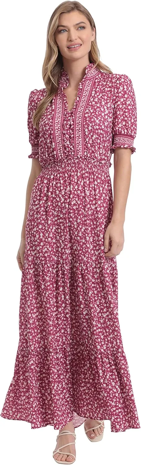 London Times Women's Dress Easy Feminine Versatile Smocked Waist Ruffle Neckline