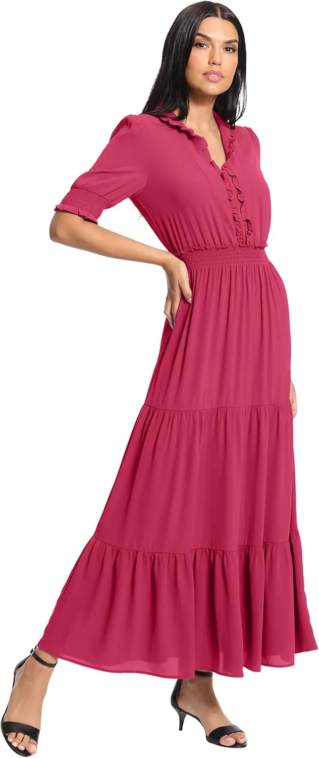 London Times Women's Dress Easy Feminine Versatile Smocked Waist Ruffle Neckline