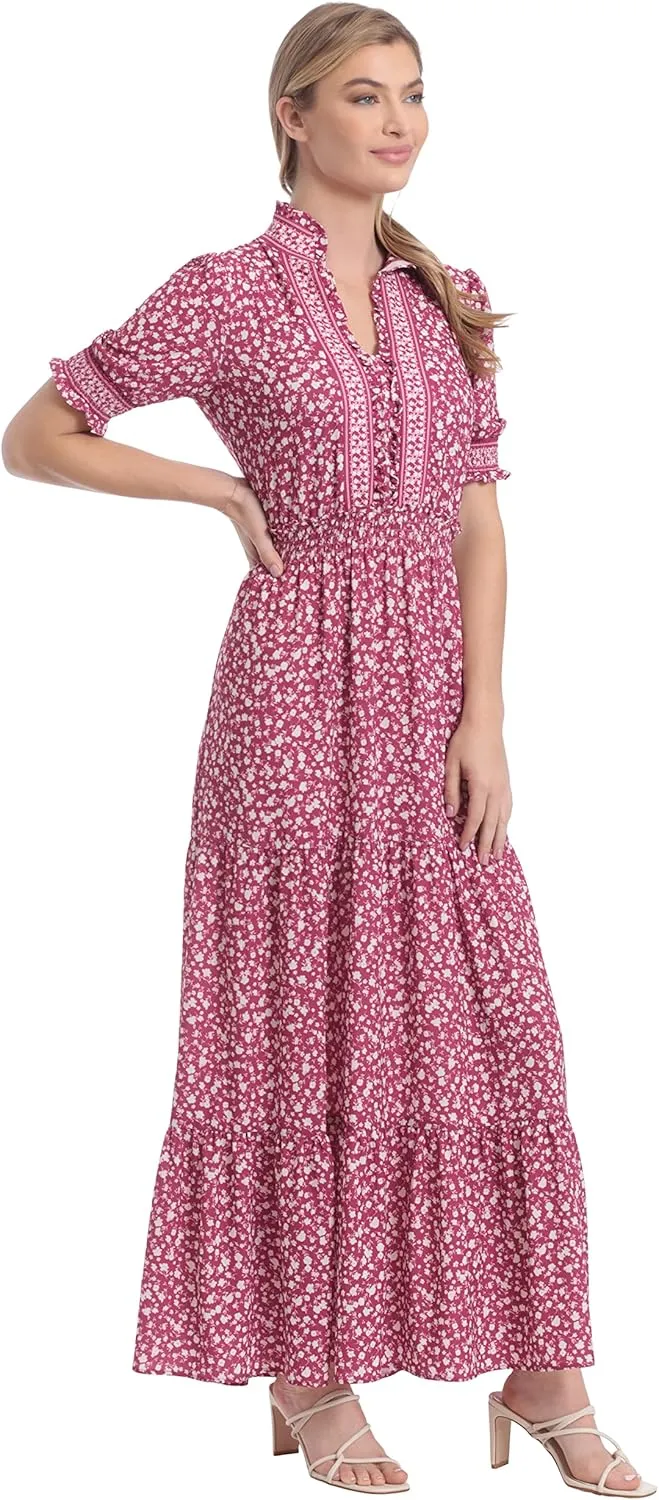 London Times Women's Dress Easy Feminine Versatile Smocked Waist Ruffle Neckline