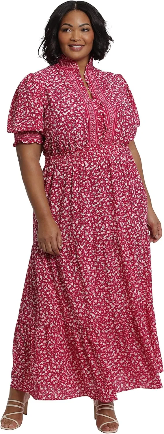 London Times Women's Dress Easy Feminine Versatile Smocked Waist Ruffle Neckline