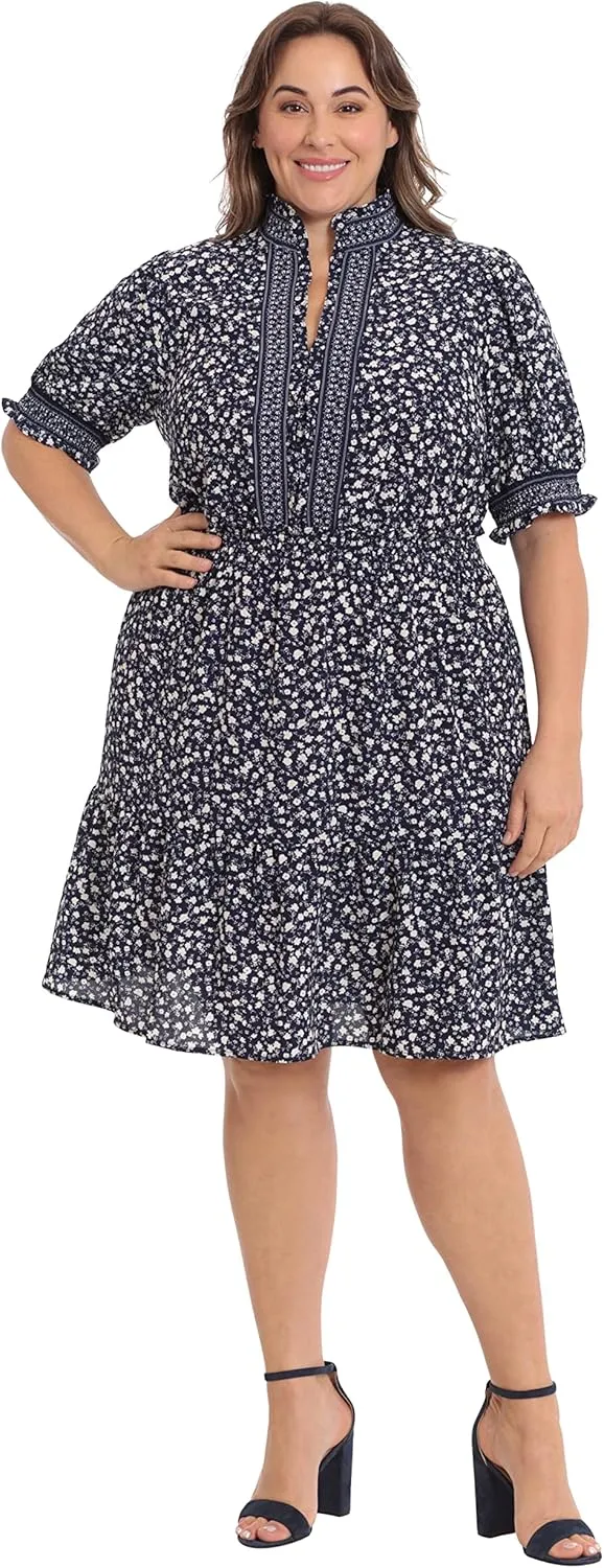 London Times Women's Dress Easy Feminine Versatile Smocked Waist Ruffle Neckline