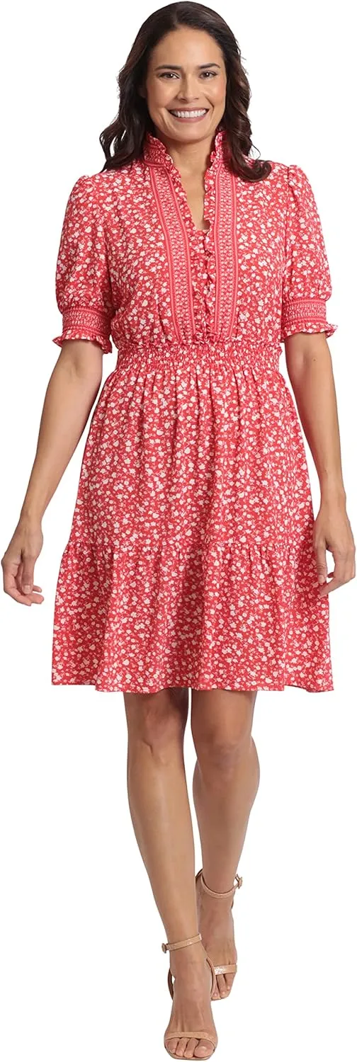 London Times Women's Dress Easy Feminine Versatile Smocked Waist Ruffle Neckline