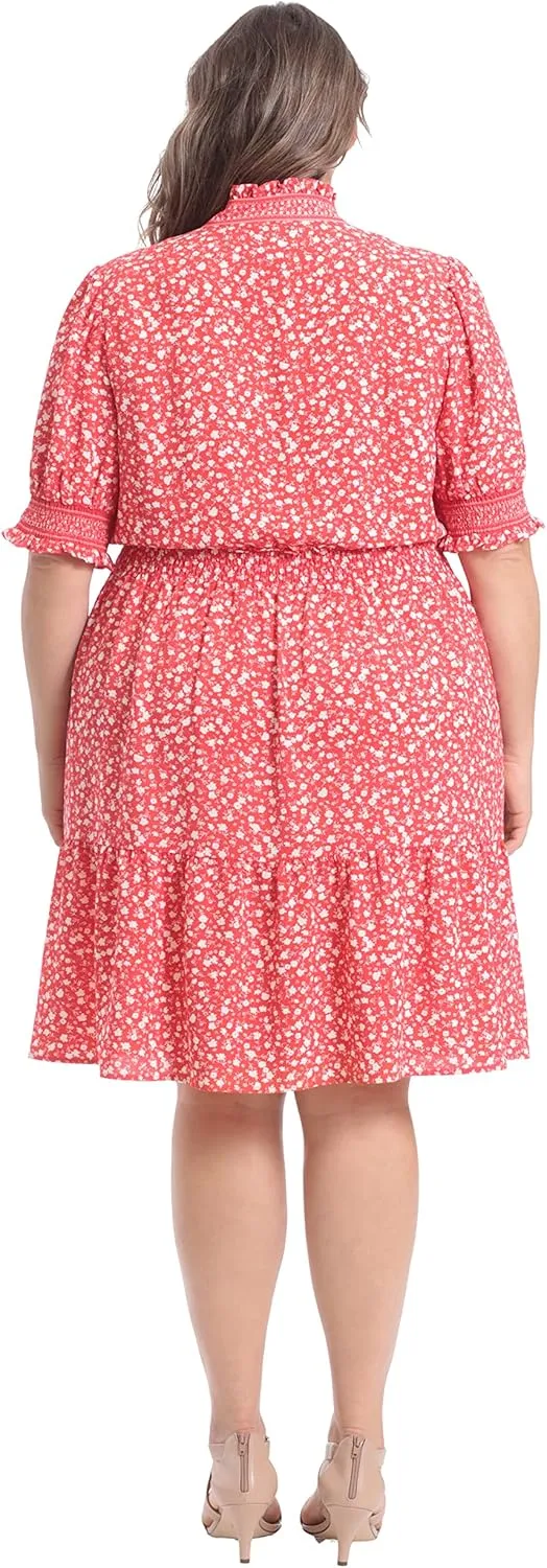 London Times Women's Dress Easy Feminine Versatile Smocked Waist Ruffle Neckline