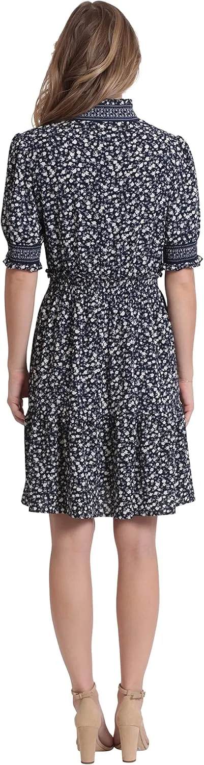 London Times Women's Dress Easy Feminine Versatile Smocked Waist Ruffle Neckline