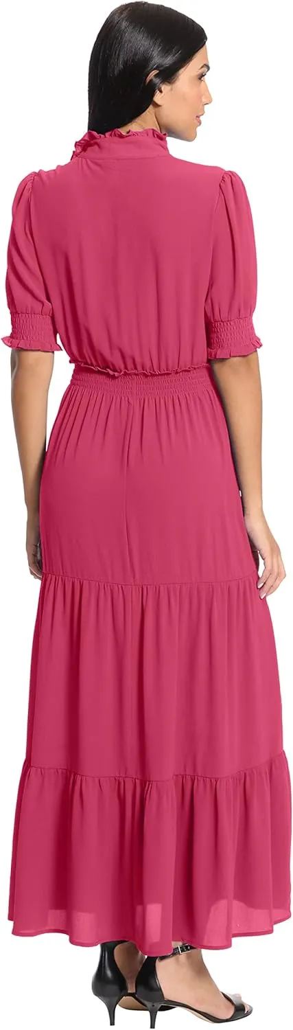 London Times Women's Dress Easy Feminine Versatile Smocked Waist Ruffle Neckline