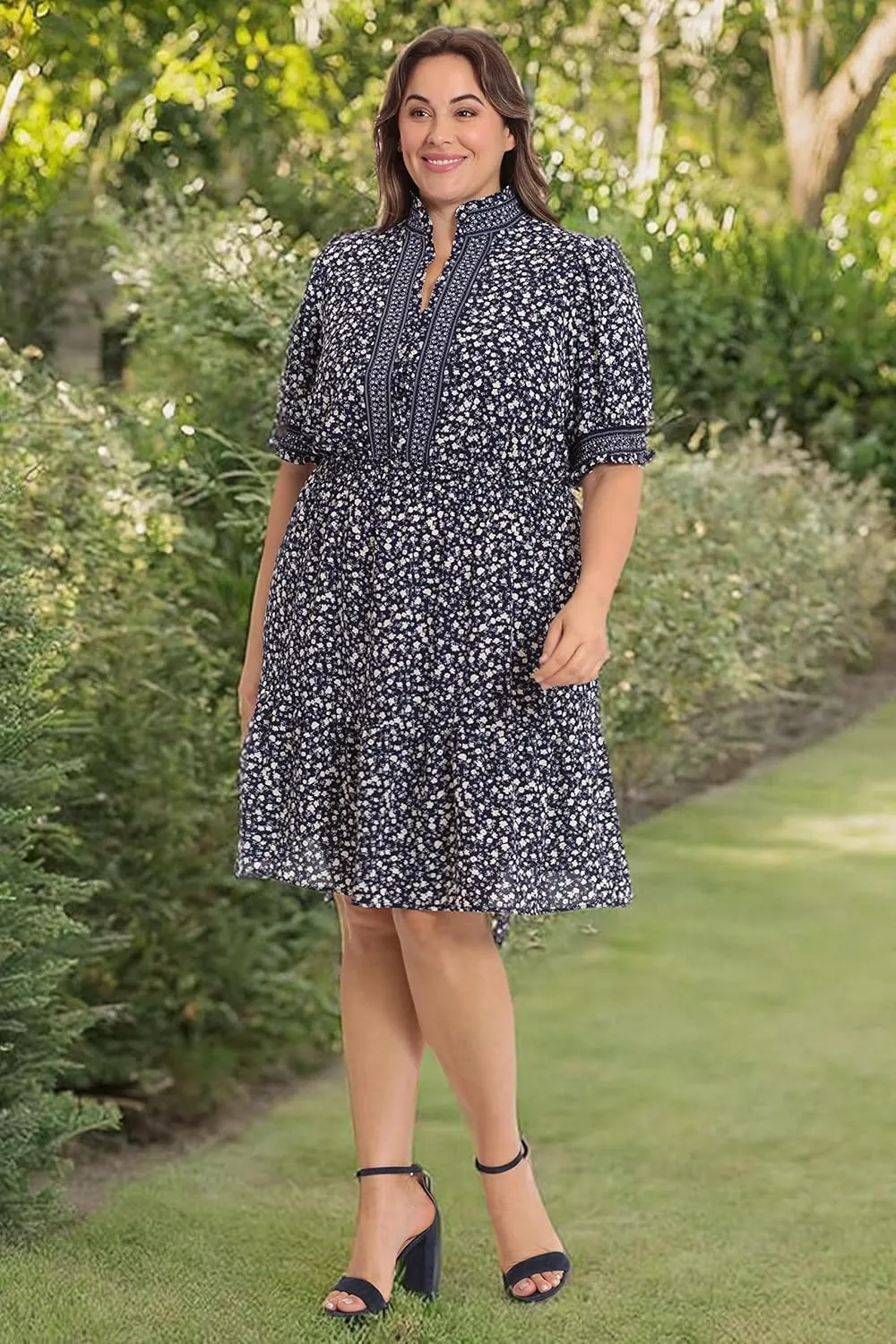 London Times Women's Dress Easy Feminine Versatile Smocked Waist Ruffle Neckline
