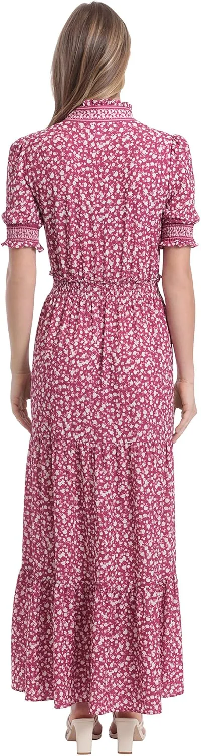 London Times Women's Dress Easy Feminine Versatile Smocked Waist Ruffle Neckline