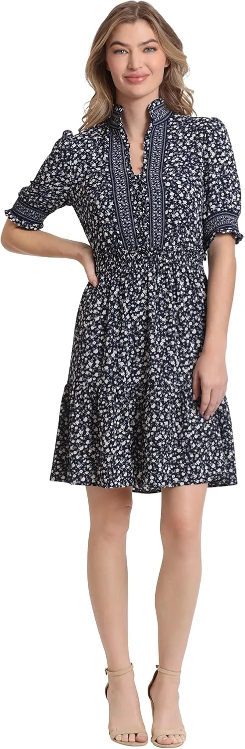 London Times Women's Dress Easy Feminine Versatile Smocked Waist Ruffle Neckline