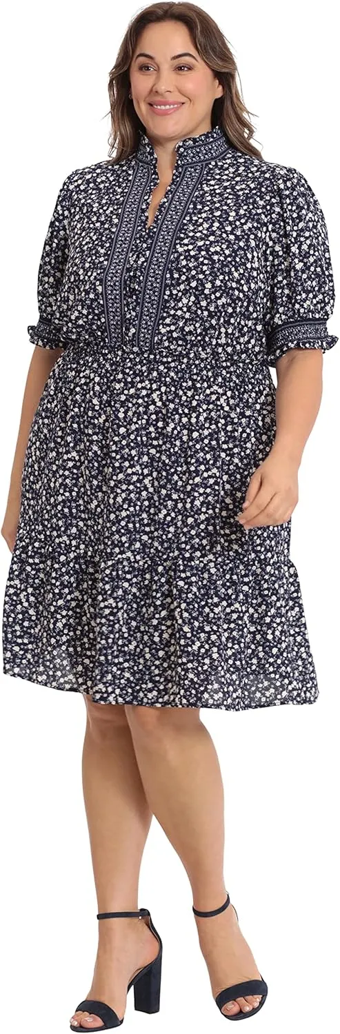 London Times Women's Dress Easy Feminine Versatile Smocked Waist Ruffle Neckline