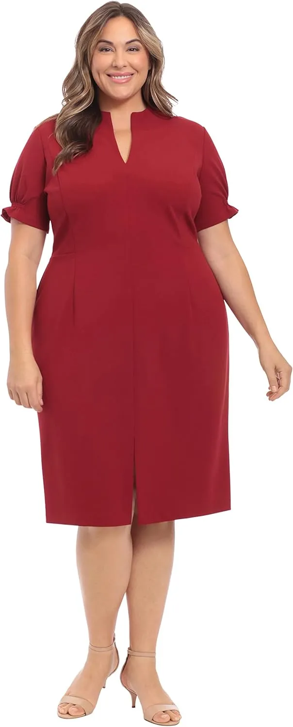 London Times Women's Petite Open Neck Puff Feminine Sleeve Seamed Flattering Sheath Dress