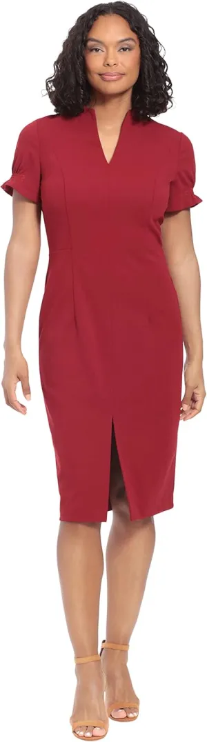 London Times Women's Petite Open Neck Puff Feminine Sleeve Seamed Flattering Sheath Dress