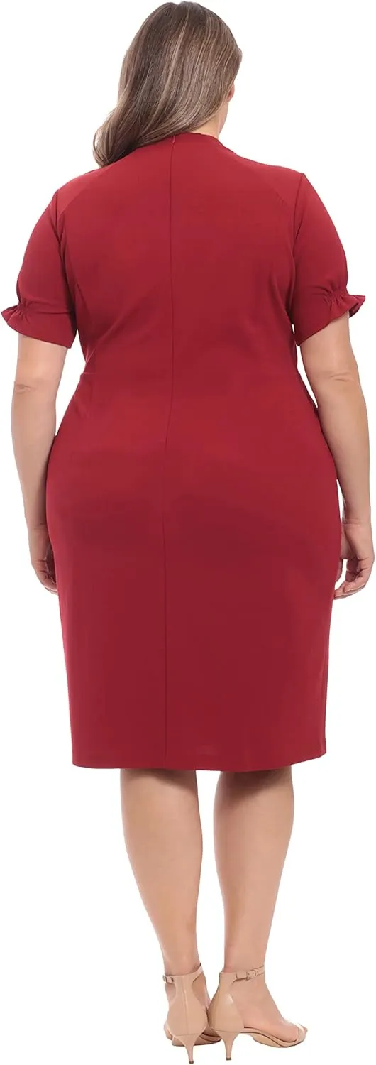 London Times Women's Petite Open Neck Puff Feminine Sleeve Seamed Flattering Sheath Dress