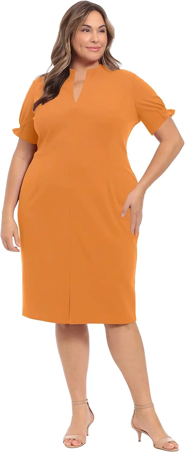 London Times Women's Petite Open Neck Puff Feminine Sleeve Seamed Flattering Sheath Dress