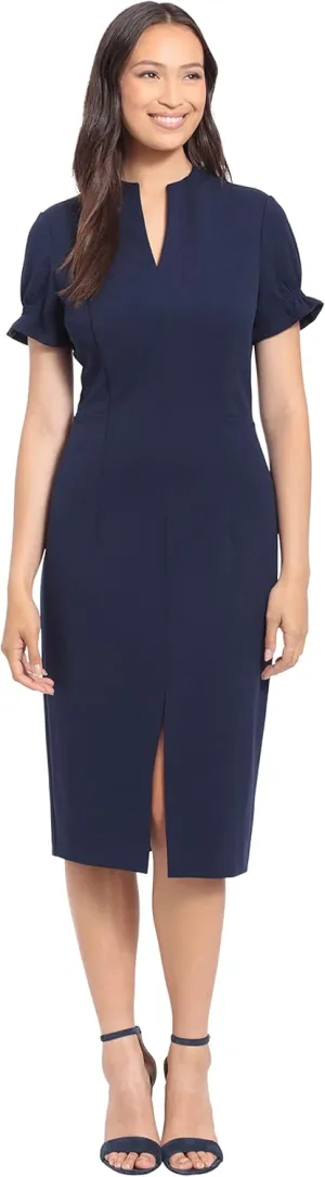 London Times Women's Petite Open Neck Puff Feminine Sleeve Seamed Flattering Sheath Dress