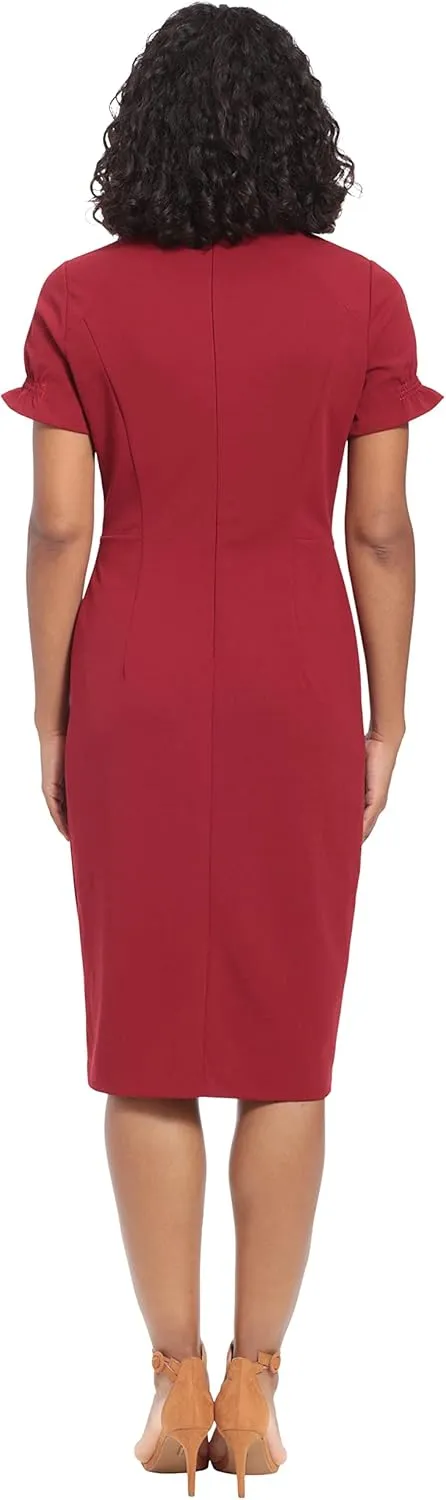 London Times Women's Petite Open Neck Puff Feminine Sleeve Seamed Flattering Sheath Dress