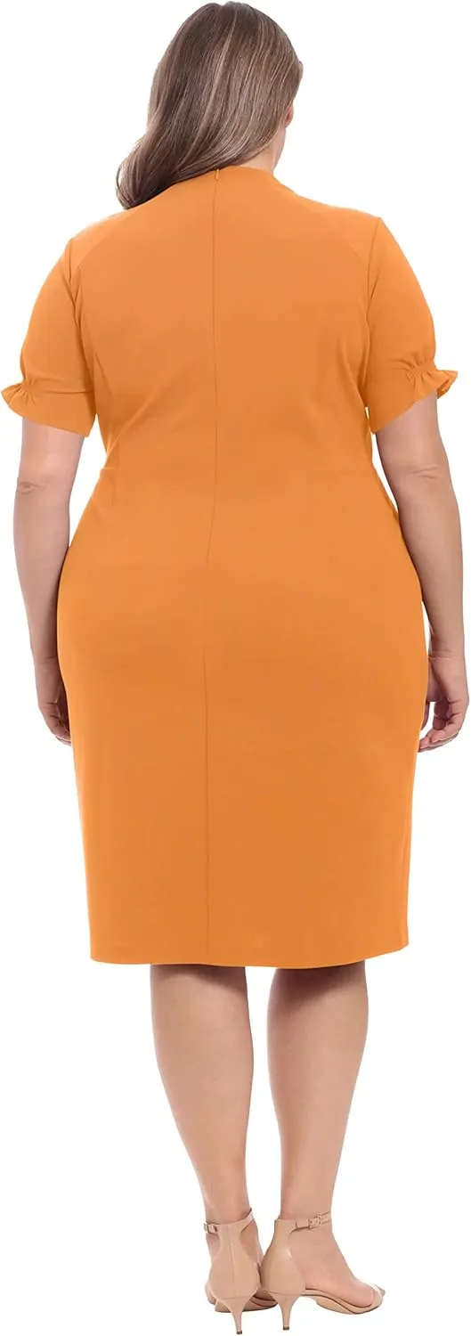 London Times Women's Petite Open Neck Puff Feminine Sleeve Seamed Flattering Sheath Dress