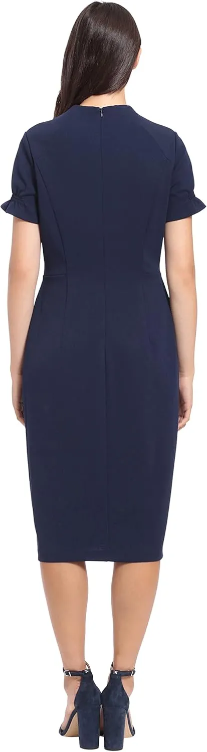 London Times Women's Petite Open Neck Puff Feminine Sleeve Seamed Flattering Sheath Dress