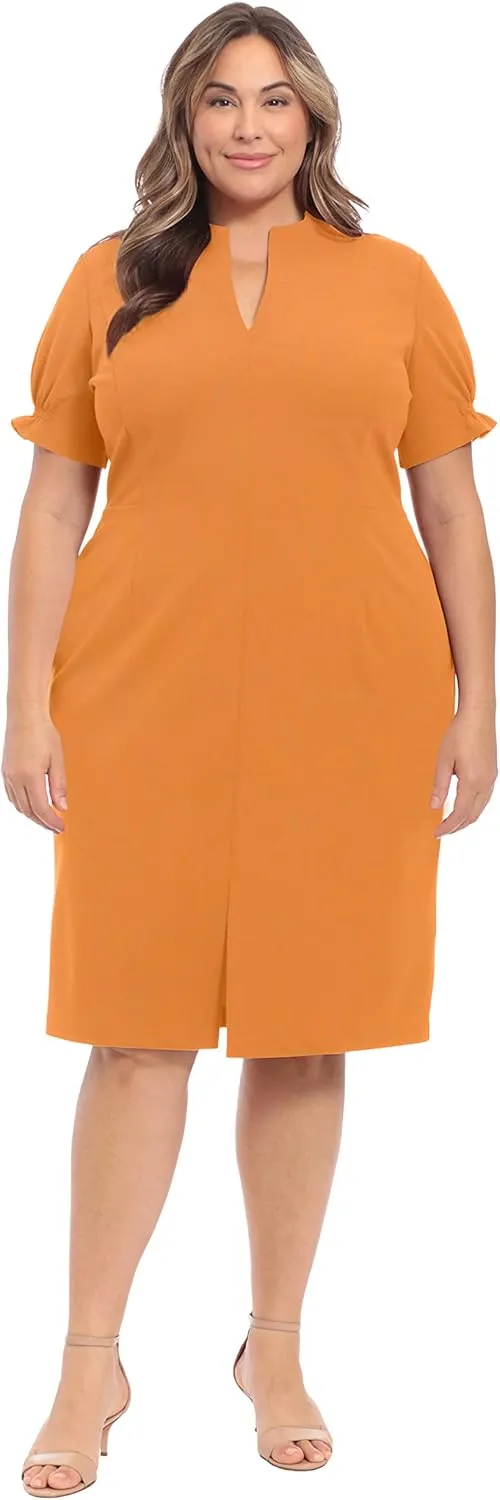 London Times Women's Petite Open Neck Puff Feminine Sleeve Seamed Flattering Sheath Dress