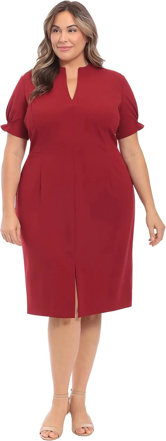 London Times Women's Petite Open Neck Puff Feminine Sleeve Seamed Flattering Sheath Dress