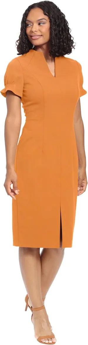 London Times Women's Petite Open Neck Puff Feminine Sleeve Seamed Flattering Sheath Dress