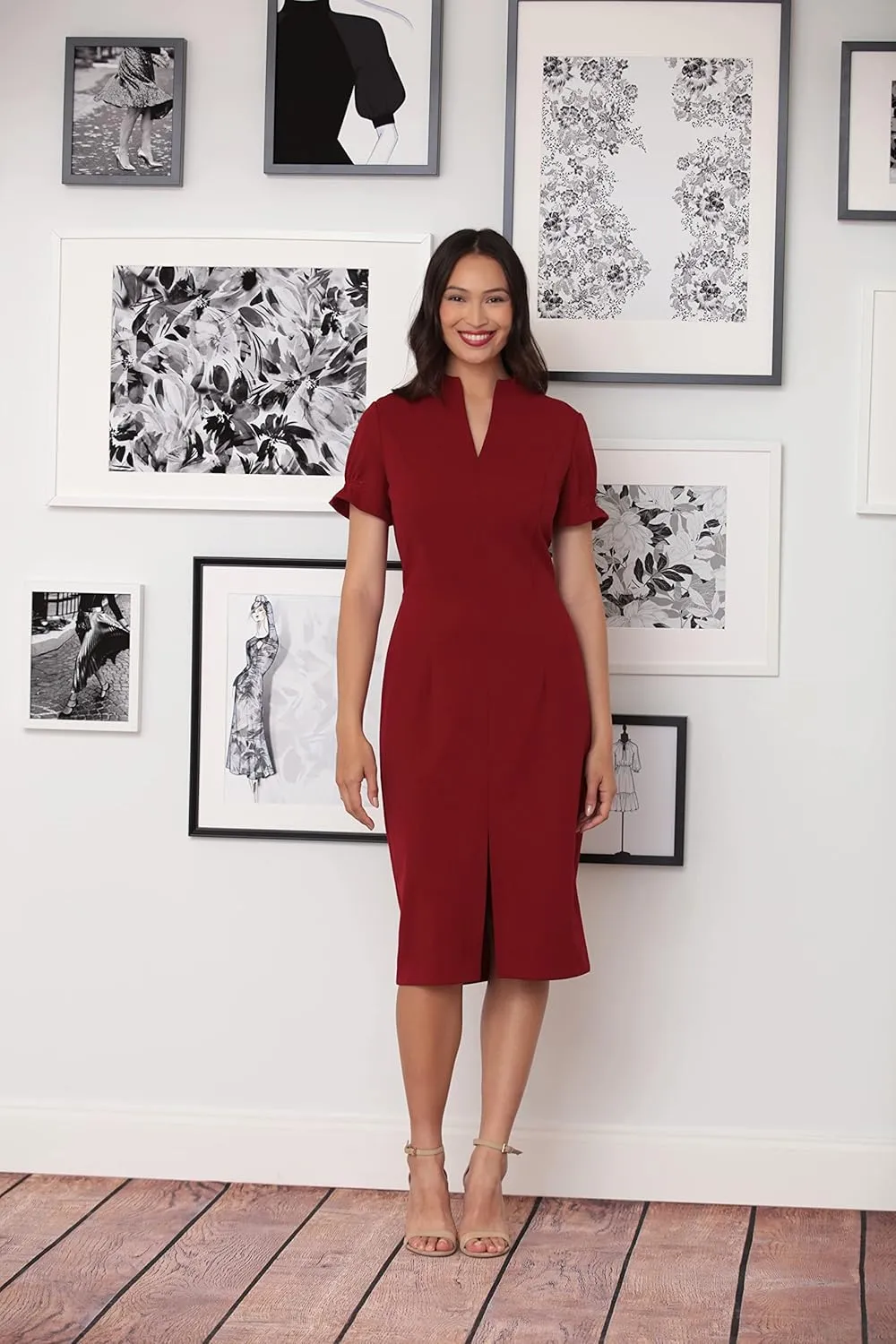 London Times Women's Petite Open Neck Puff Feminine Sleeve Seamed Flattering Sheath Dress