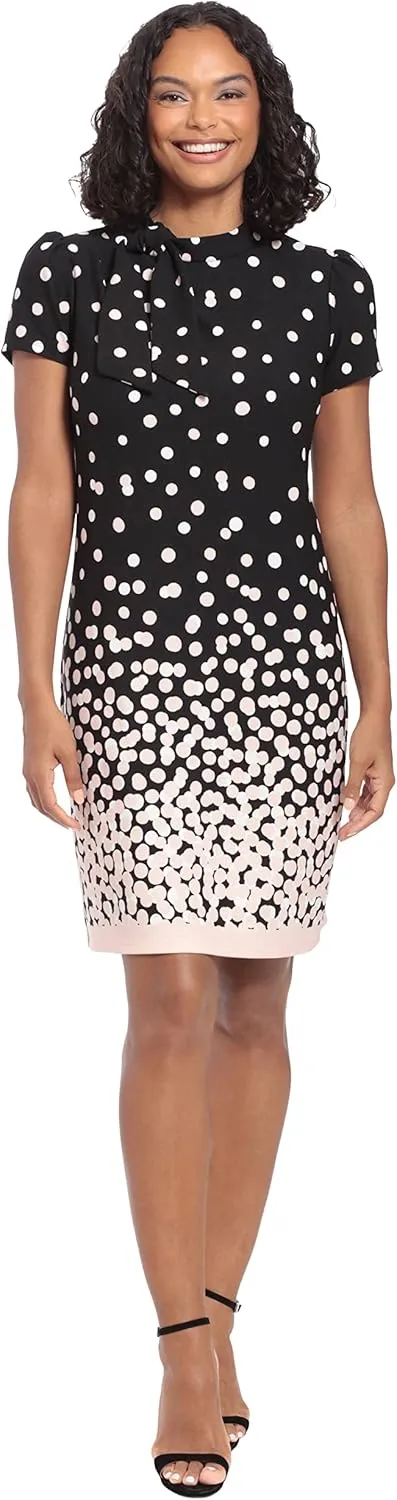 London Times Women's Tie Neck Above The Knee Feminine Office Chic Occasion Crepe Dress