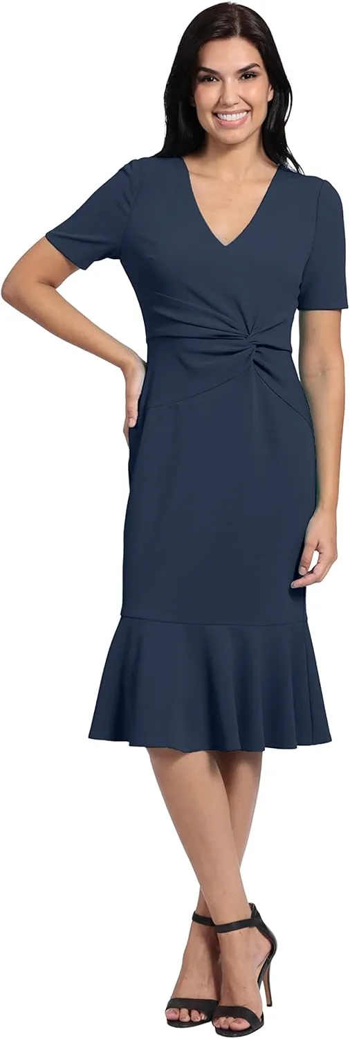 London Times Women's V-Neck Polished Flounce Hem Twist Waist Detail Feminine Office Event Guest of